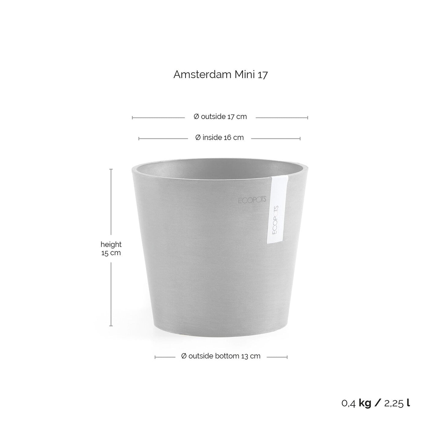 Kukkaruukku - Ecopots - Amsterdam 17cm valkoharmaa - Ecopotskauppa - Uuden aikakauden kukkaruukku