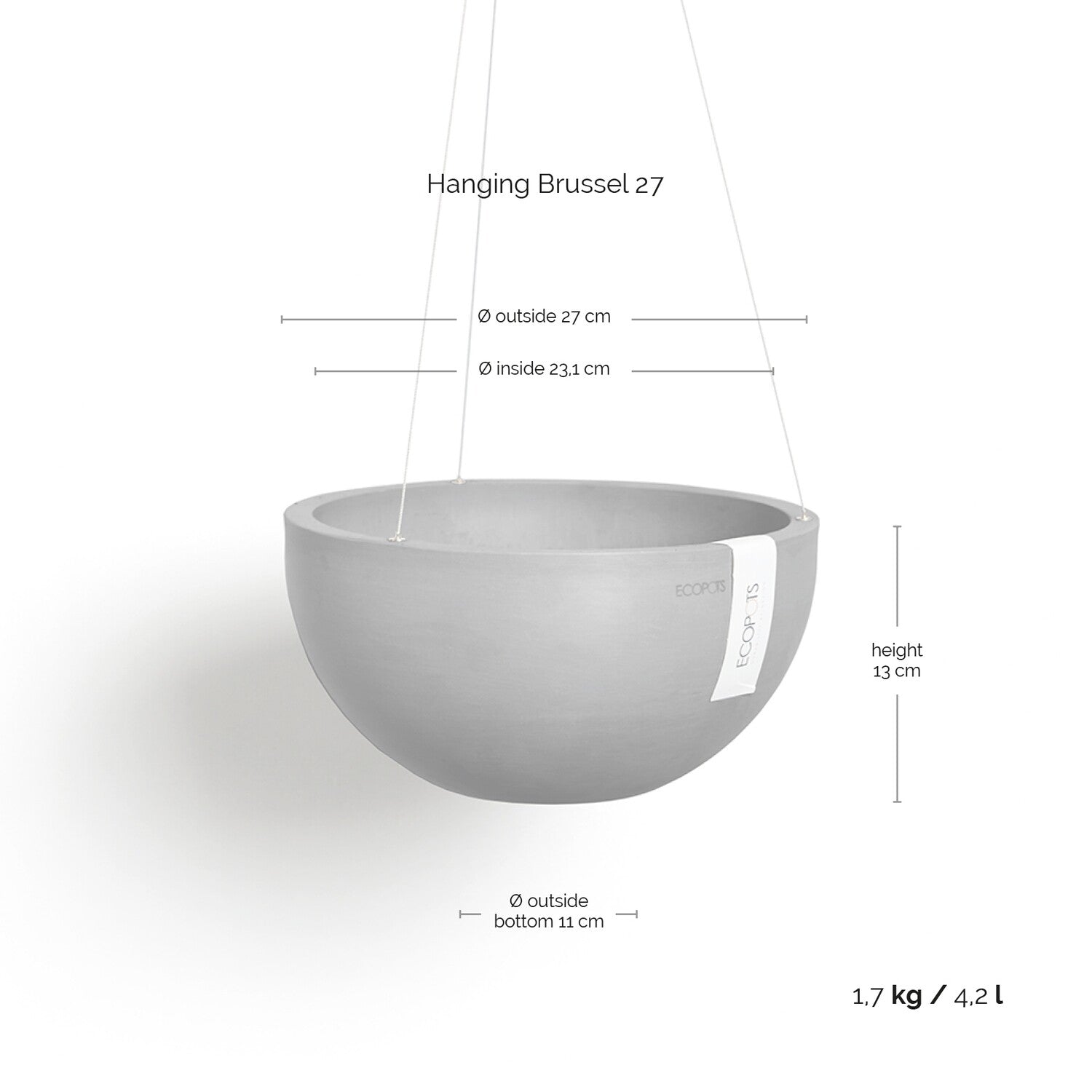 Kukkaruukku - Ecopots - Brysseli ripustettava 27cm tummanharmaa - Ecopotskauppa - Uuden aikakauden kukkaruukku